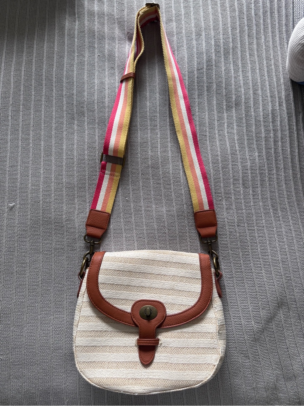 Striped Canvas Crossbody Bag with Tan Trim